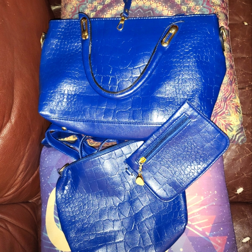 New Blue Faux Leather 3 Piece Purse Set